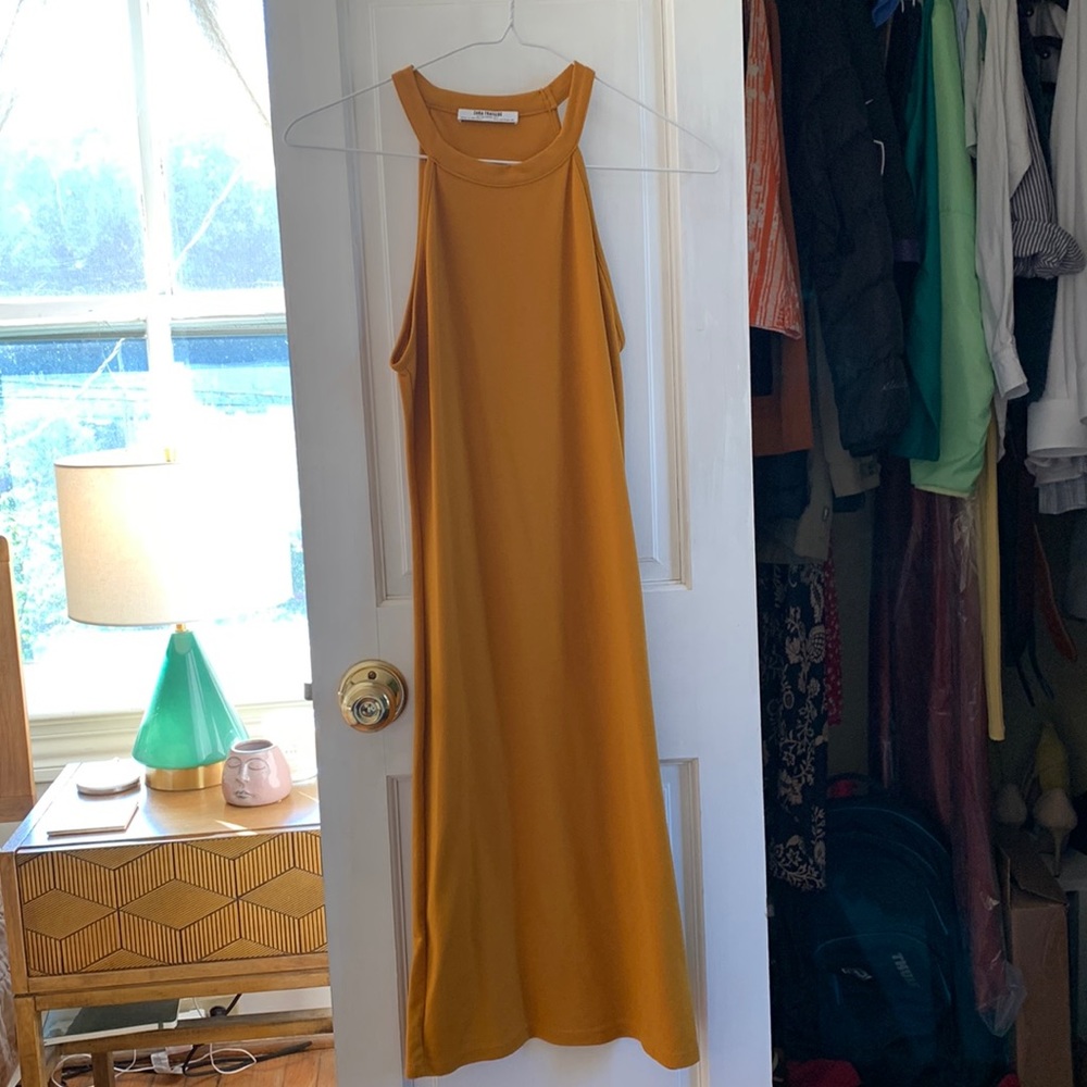 Dark mustard colored bodycon dress by Zara